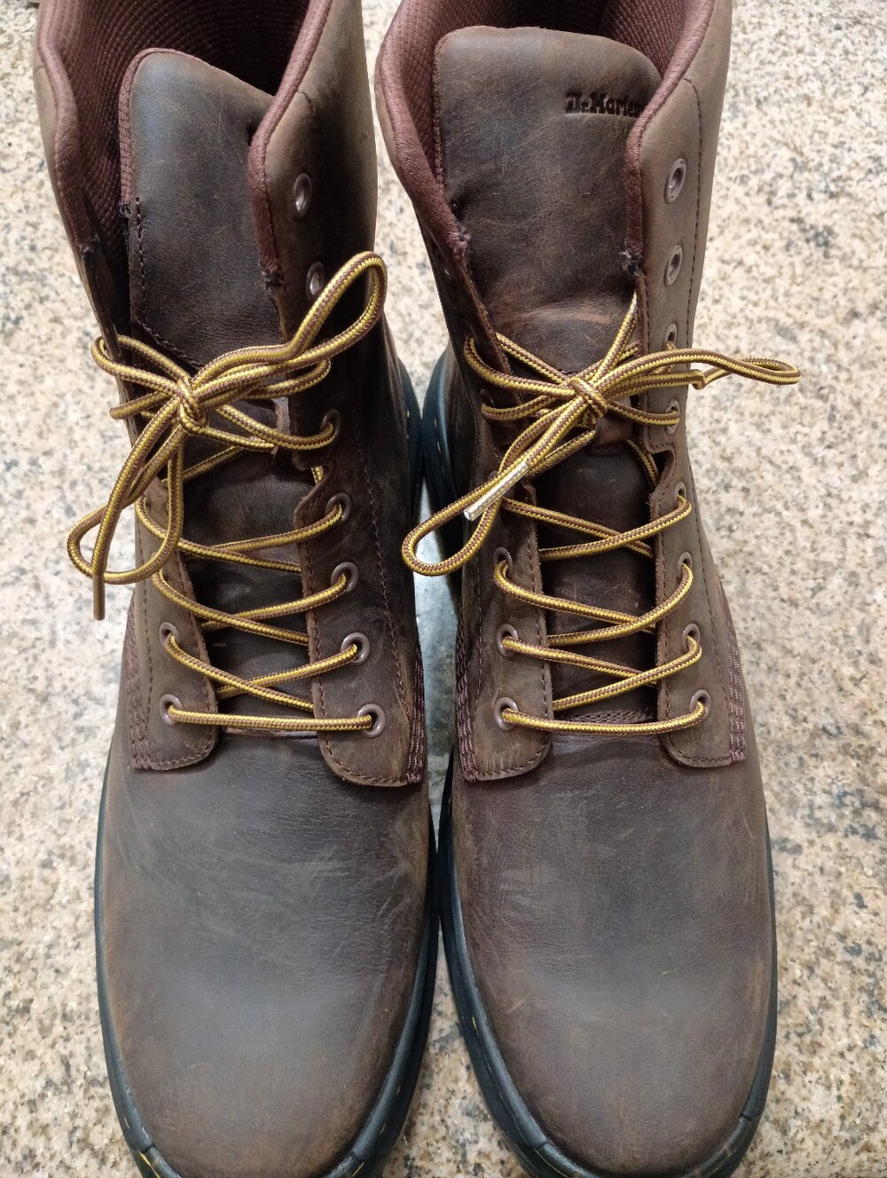 Dr. Martens Crewson Brown Boots with Black and Yellow Heel Loop Pull Tab